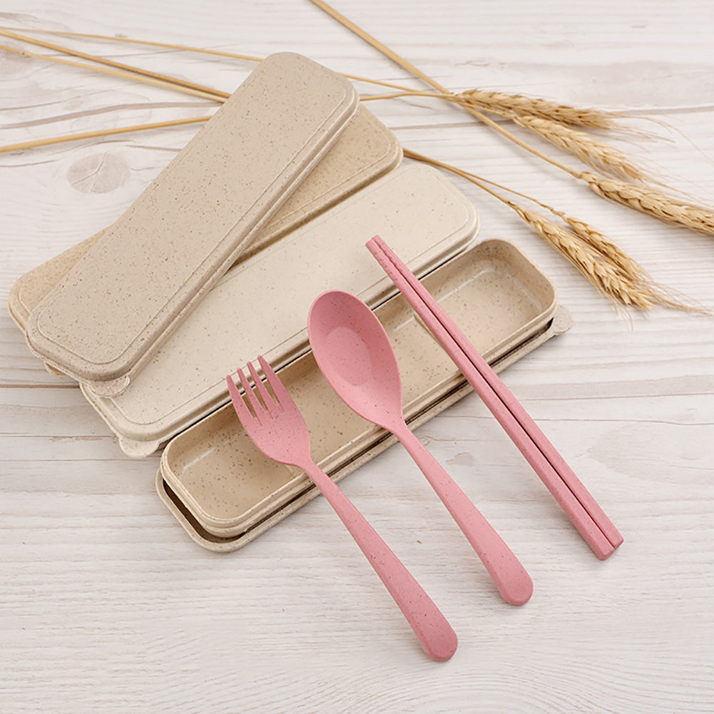 3Pcs Portable Fork Spoon Chopsticks Wheat Straw Cutlery Set Kids Tableware Kit