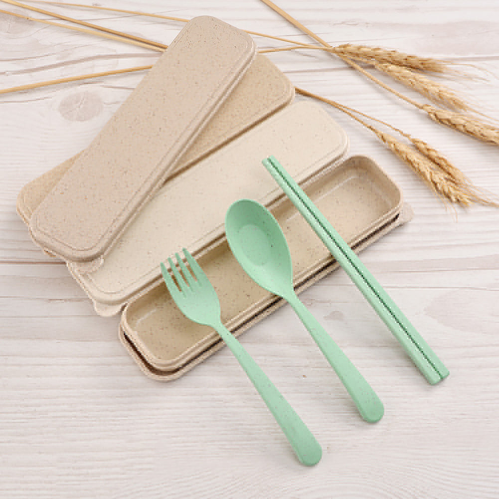 3Pcs Portable Fork Spoon Chopsticks Wheat Straw Cutlery Set Kids Tableware Kit