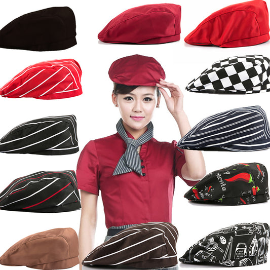 Striped Grid Print Cap Professional Kitchen Catering Waiter Cook Chef Hat