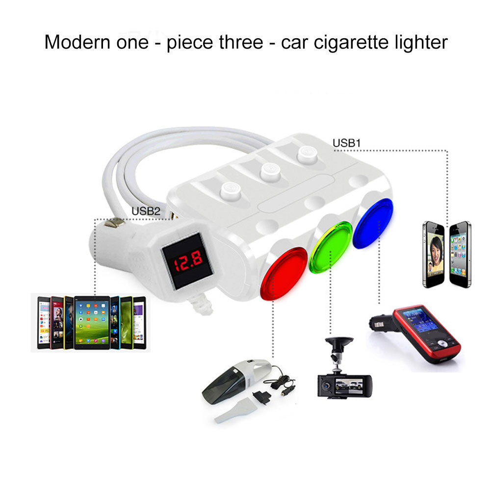 3 Sockets Cigarette Lighter DC 12-24V 3.1A Dual USB Ports Car Charger Adapter