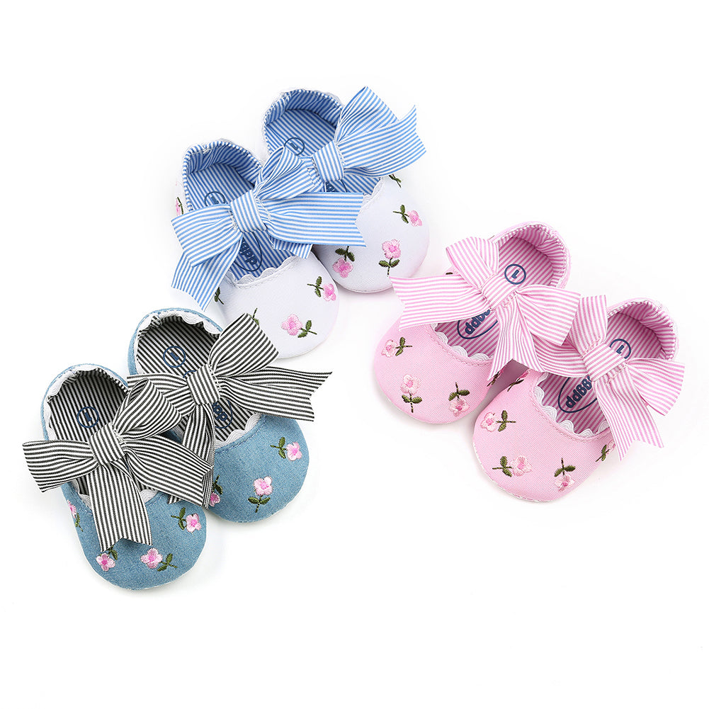 Toddler Baby Girls Cute Flower Embroidered Shoes Bowknot Anti-Slip Prewalkers