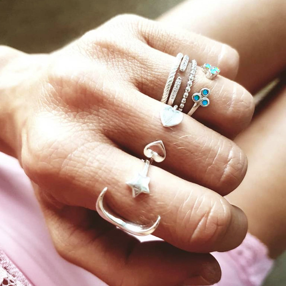 6Pcs Moon Star Heart Open Midi Knuckle Rings Set Fashion Women Finger Jewelry