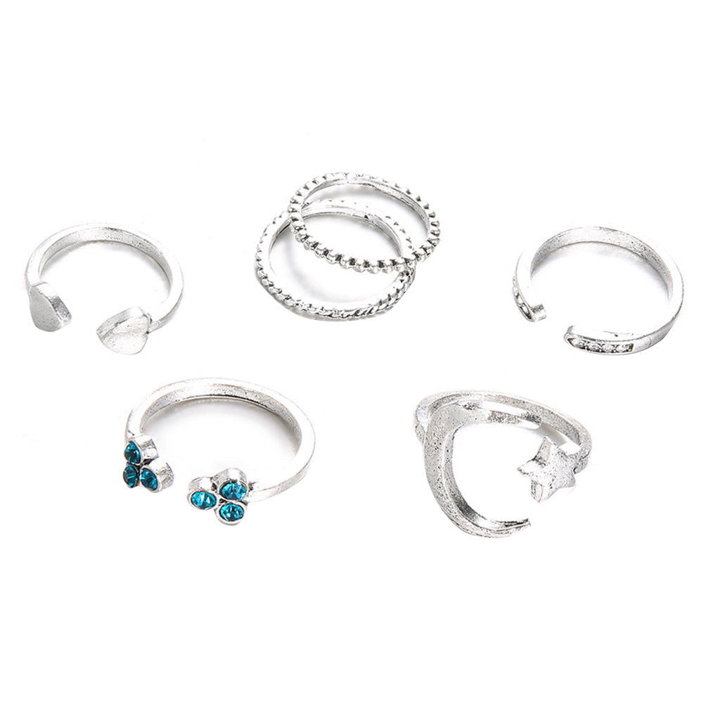 6Pcs Moon Star Heart Open Midi Knuckle Rings Set Fashion Women Finger Jewelry