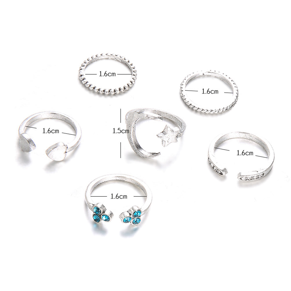 6Pcs Moon Star Heart Open Midi Knuckle Rings Set Fashion Women Finger Jewelry