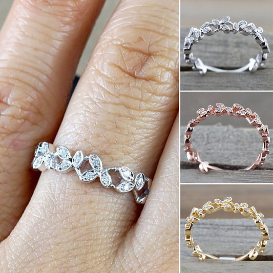 Fashion Hollow Leaf Design Women Rhinestone Jewelry Engagement Wedding Ring