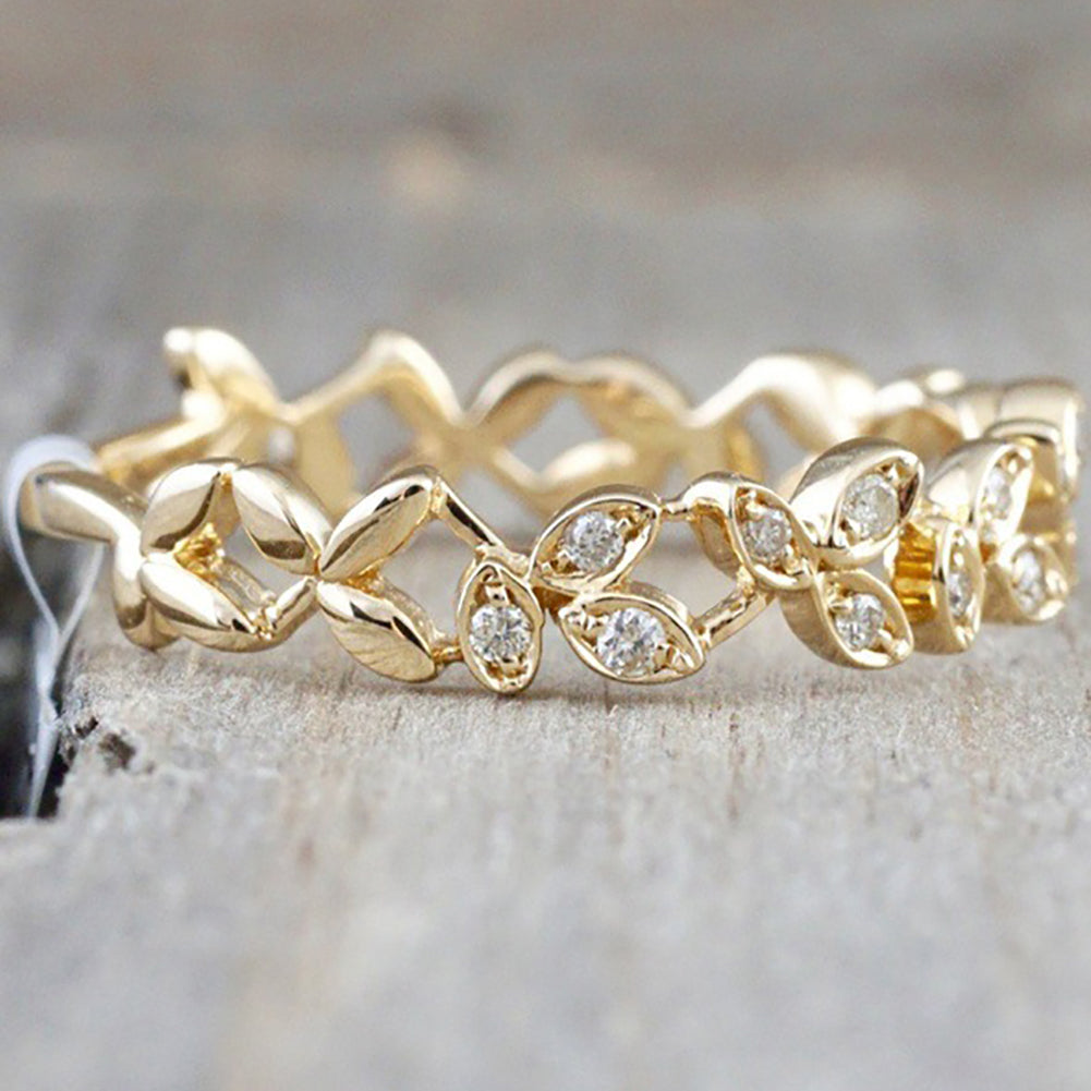 Fashion Hollow Leaf Design Women Rhinestone Jewelry Engagement Wedding Ring