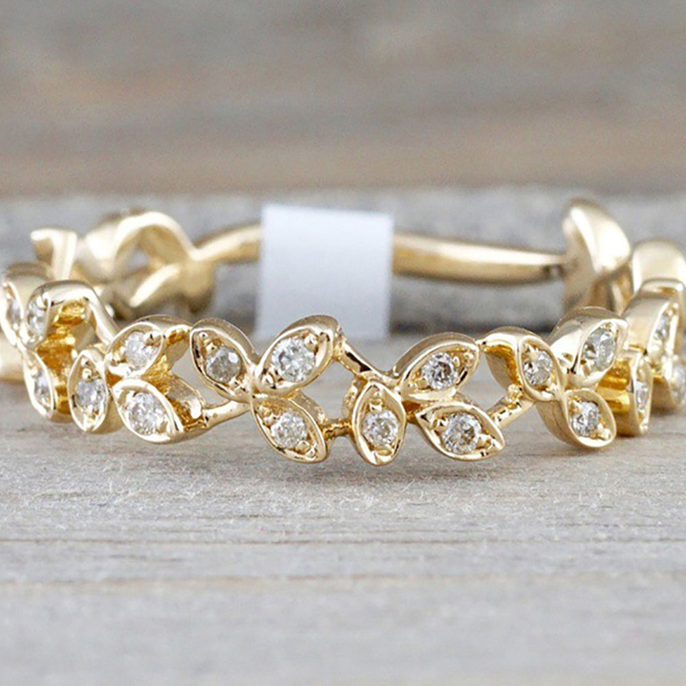 Fashion Hollow Leaf Design Women Rhinestone Jewelry Engagement Wedding Ring