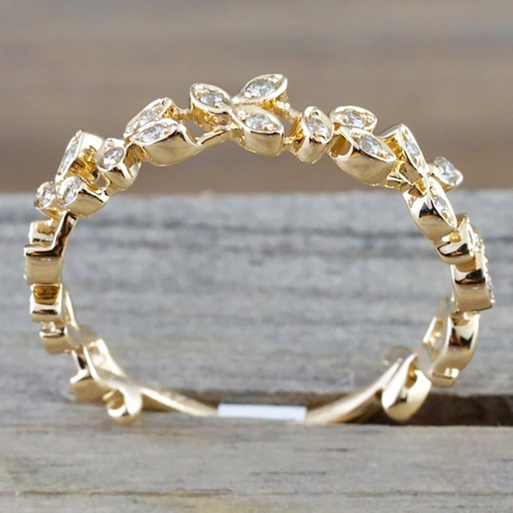 Fashion Hollow Leaf Design Women Rhinestone Jewelry Engagement Wedding Ring