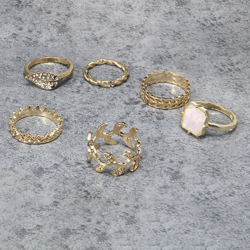 6Pcs/Set Women Leaf Crown Rhinestone Stacking Midi Knuckle Finger Rings Gift