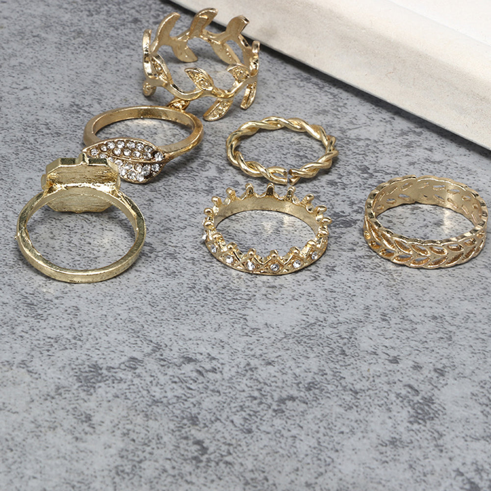 6Pcs/Set Women Leaf Crown Rhinestone Stacking Midi Knuckle Finger Rings Gift