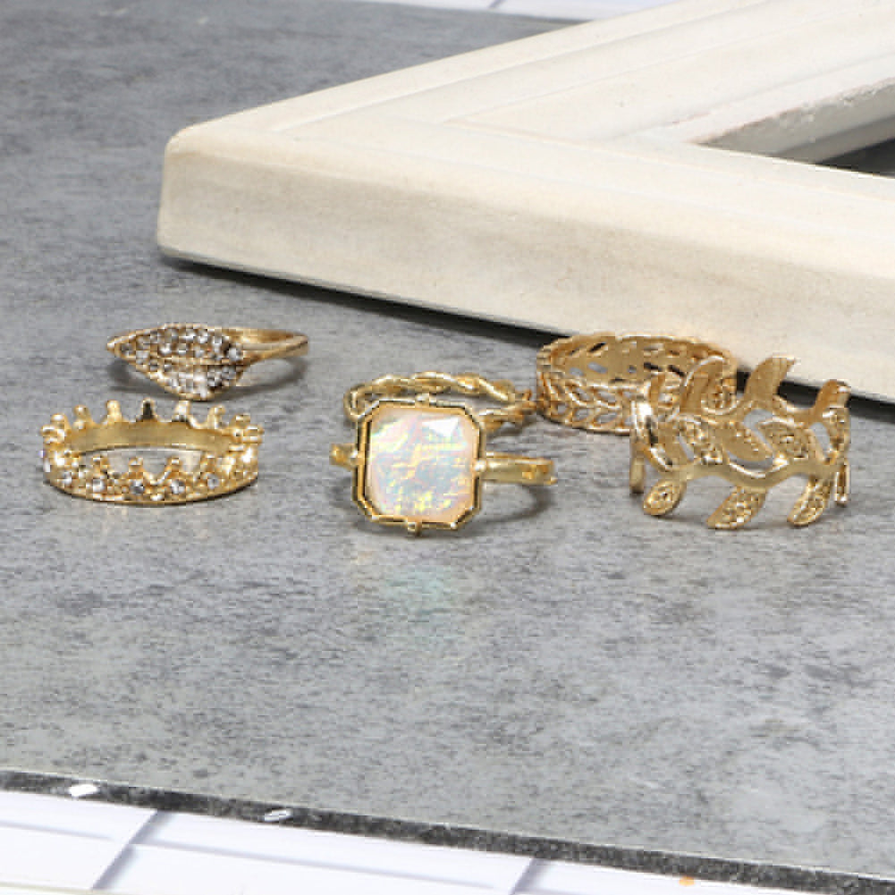 6Pcs/Set Women Leaf Crown Rhinestone Stacking Midi Knuckle Finger Rings Gift