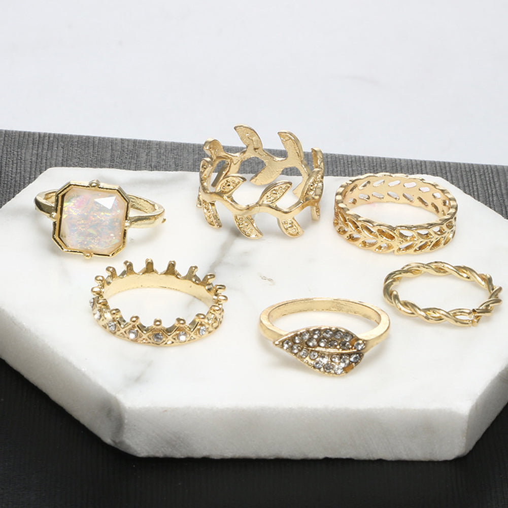6Pcs/Set Women Leaf Crown Rhinestone Stacking Midi Knuckle Finger Rings Gift
