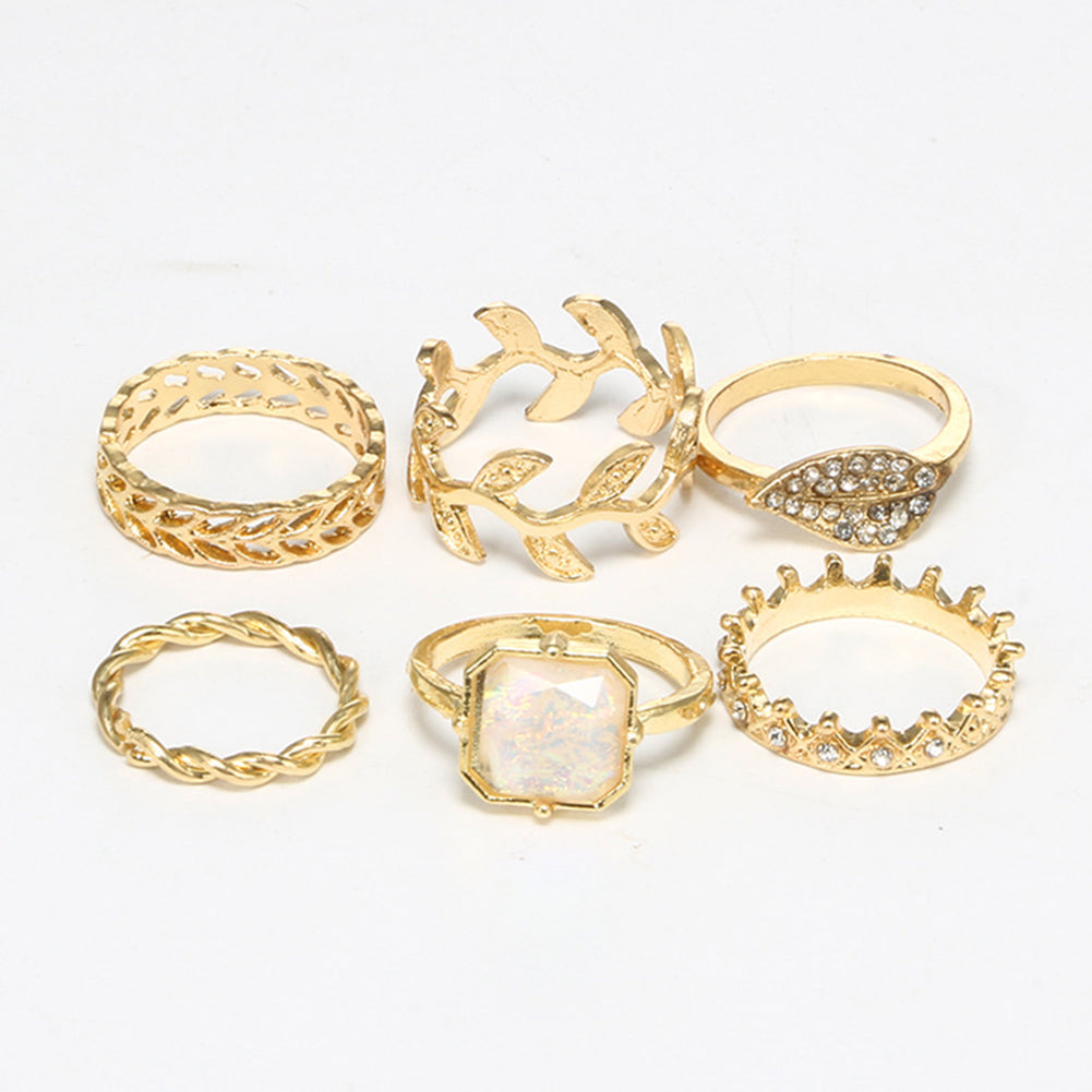 6Pcs/Set Women Leaf Crown Rhinestone Stacking Midi Knuckle Finger Rings Gift