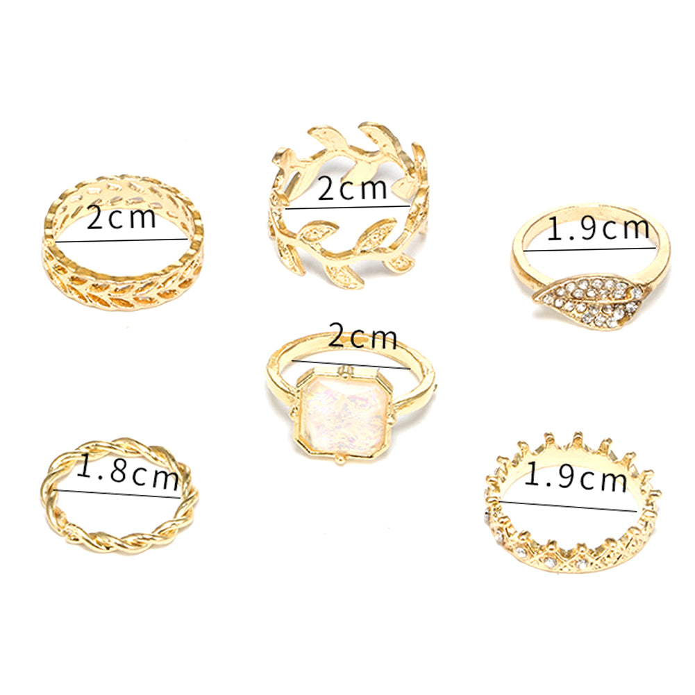 6Pcs/Set Women Leaf Crown Rhinestone Stacking Midi Knuckle Finger Rings Gift