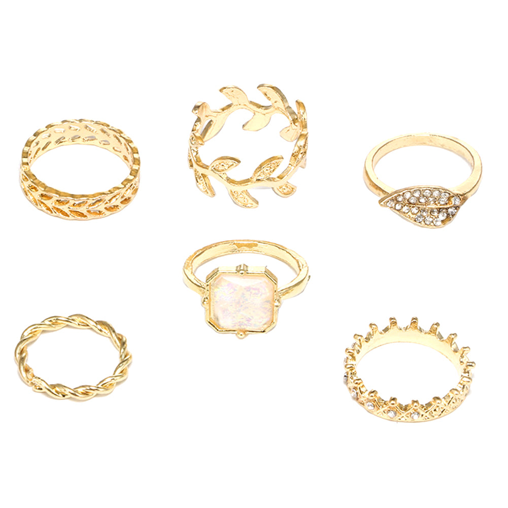 6Pcs/Set Women Leaf Crown Rhinestone Stacking Midi Knuckle Finger Rings Gift
