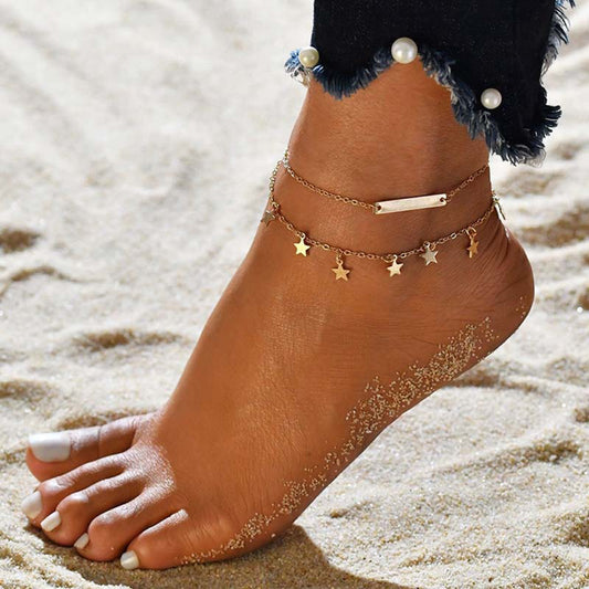 Women Dual-layer Star Pendant Anklet Ankle Bracelet Sandals Barefoot Jewelry