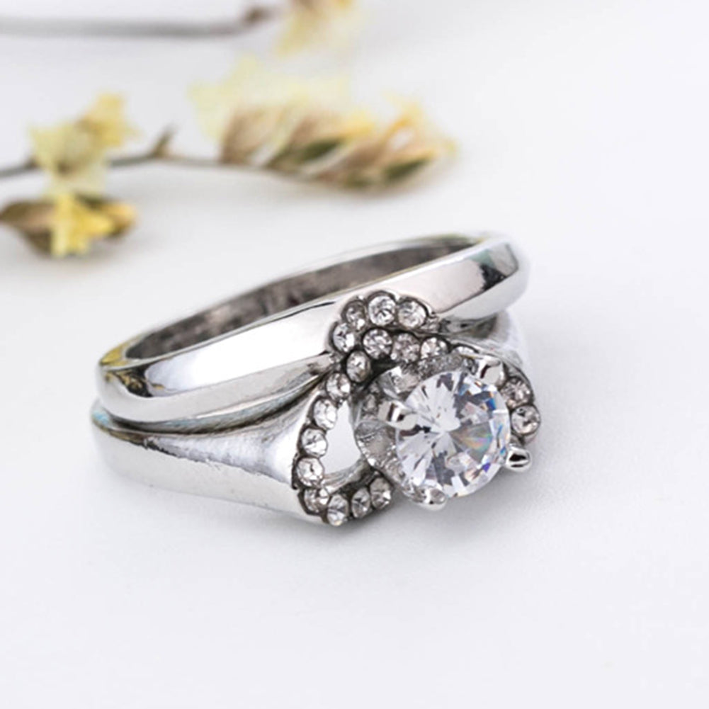 2Pcs/Set Engagement Wedding Women Love Heart Rhinestone Inlaid Ring Jewelry