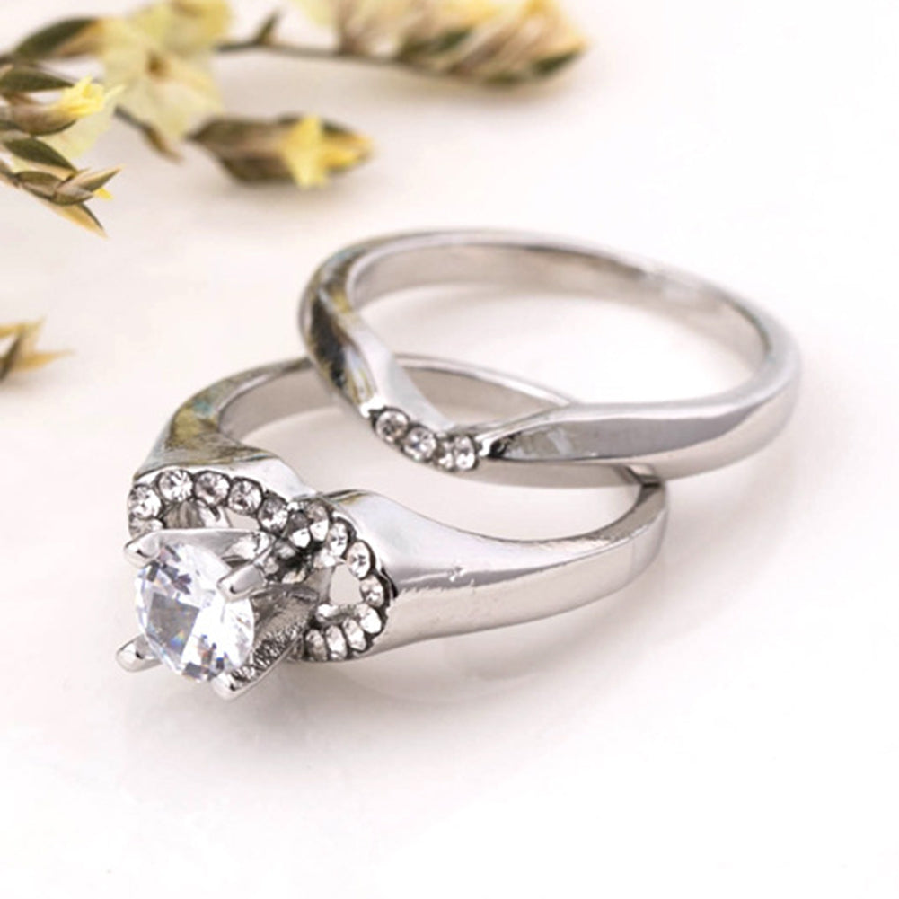 2Pcs/Set Engagement Wedding Women Love Heart Rhinestone Inlaid Ring Jewelry