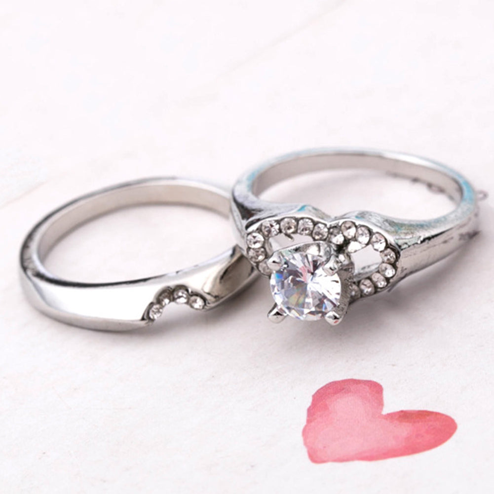 2Pcs/Set Engagement Wedding Women Love Heart Rhinestone Inlaid Ring Jewelry