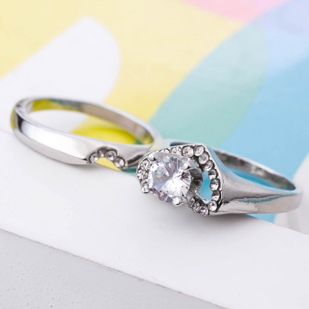 2Pcs/Set Engagement Wedding Women Love Heart Rhinestone Inlaid Ring Jewelry
