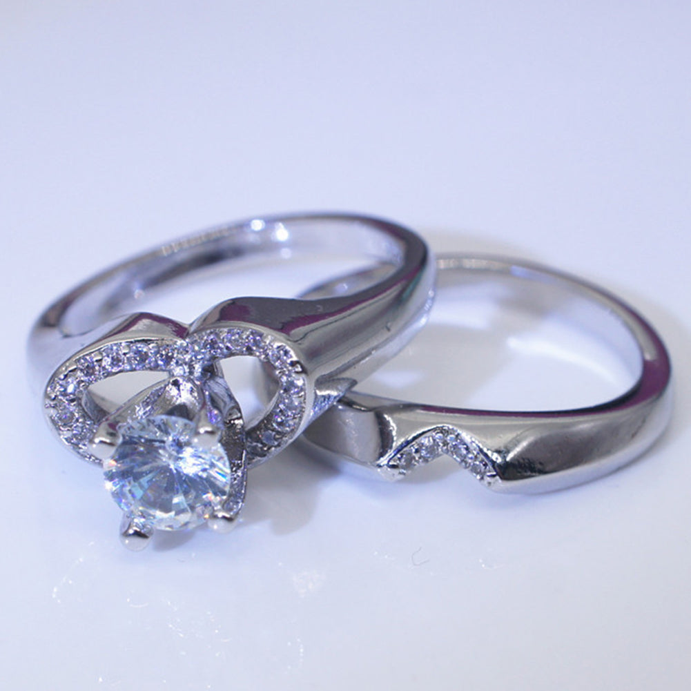 2Pcs/Set Engagement Wedding Women Love Heart Rhinestone Inlaid Ring Jewelry