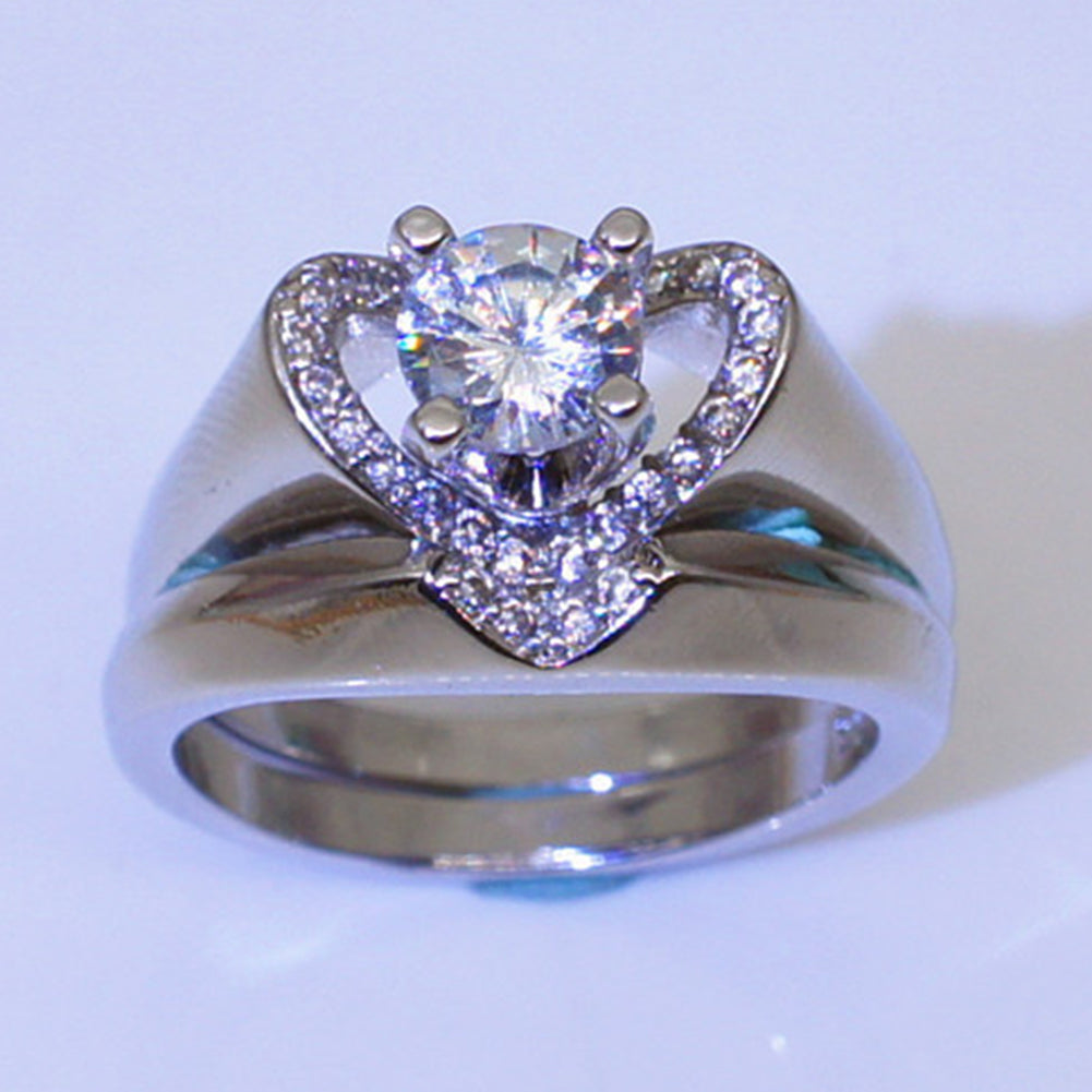 2Pcs/Set Engagement Wedding Women Love Heart Rhinestone Inlaid Ring Jewelry