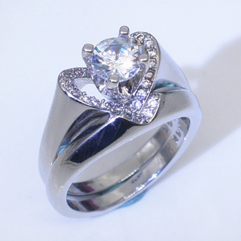 2Pcs/Set Engagement Wedding Women Love Heart Rhinestone Inlaid Ring Jewelry