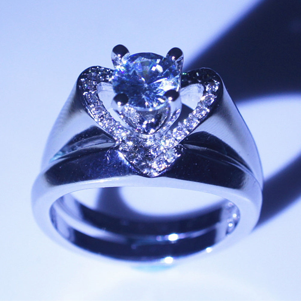 2Pcs/Set Engagement Wedding Women Love Heart Rhinestone Inlaid Ring Jewelry