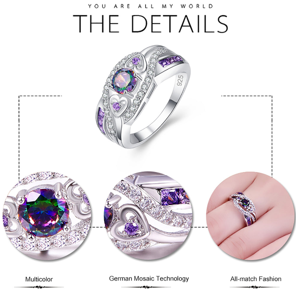 Love Hearts Rainbow Cubic Zirconia Ring Fashion Bridal Wedding Jewelry Gift