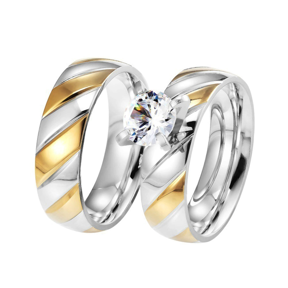 1 Pair Cubic Zirconia Stainless Steel Matching Couple Ring Jewelry Wedding Gift