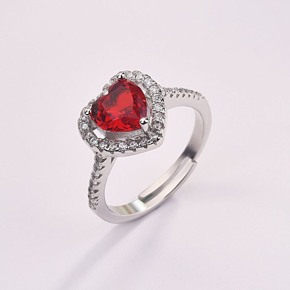 Romantic Heart Shape Faux Ruby Silver Plated Women Open Ring Valentine Day Gift
