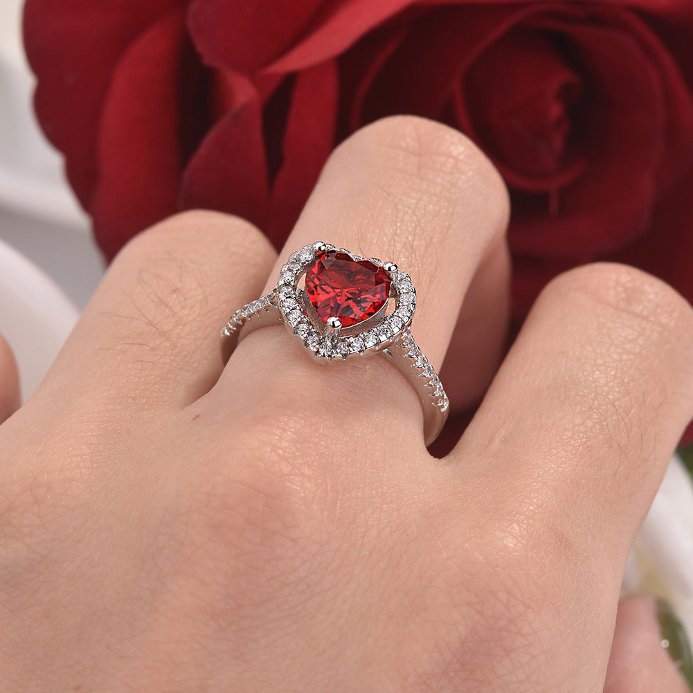 Romantic Heart Shape Faux Ruby Silver Plated Women Open Ring Valentine Day Gift
