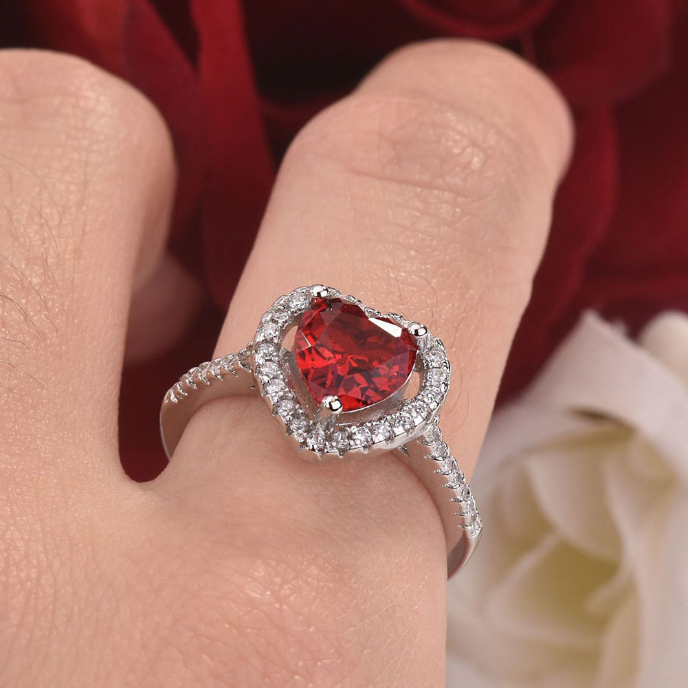 Romantic Heart Shape Faux Ruby Silver Plated Women Open Ring Valentine Day Gift