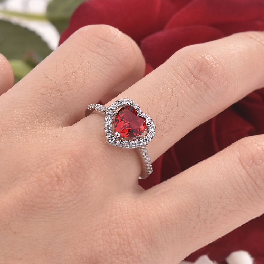 Romantic Heart Shape Faux Ruby Silver Plated Women Open Ring Valentine Day Gift