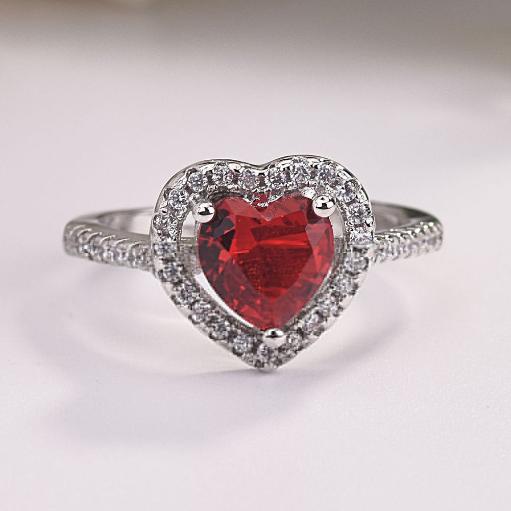 Romantic Heart Shape Faux Ruby Silver Plated Women Open Ring Valentine Day Gift
