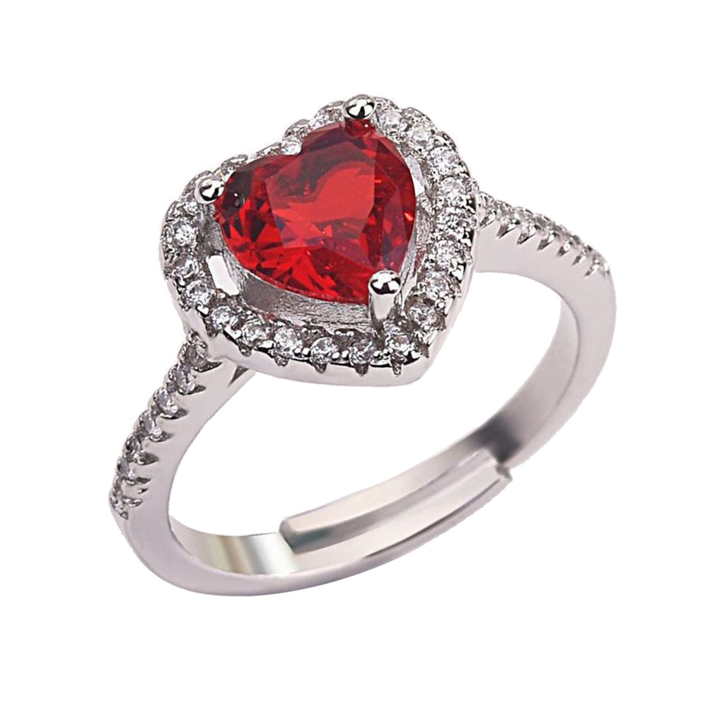 Romantic Heart Shape Faux Ruby Silver Plated Women Open Ring Valentine Day Gift