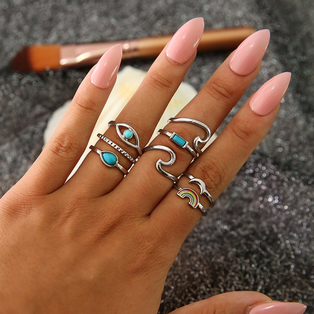 8Pcs Women Boho Faux Turquoise Wave Knuckle Stacking Mid Finger Rings Jewelry