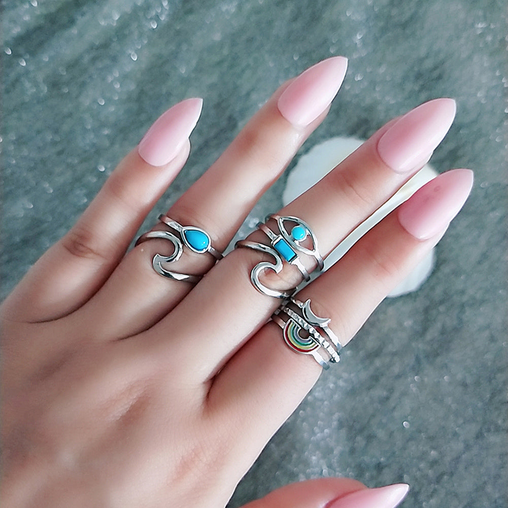 8Pcs Women Boho Faux Turquoise Wave Knuckle Stacking Mid Finger Rings Jewelry