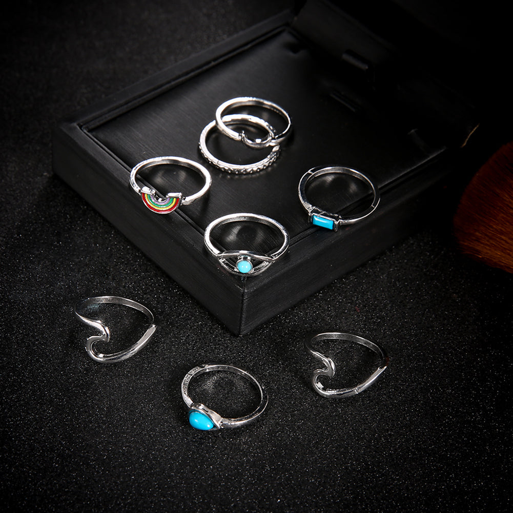 8Pcs Women Boho Faux Turquoise Wave Knuckle Stacking Mid Finger Rings Jewelry