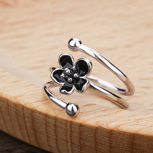 Fashion Women Enamel Black Flower Adjustable Opening Finger Ring Jewelry Gift