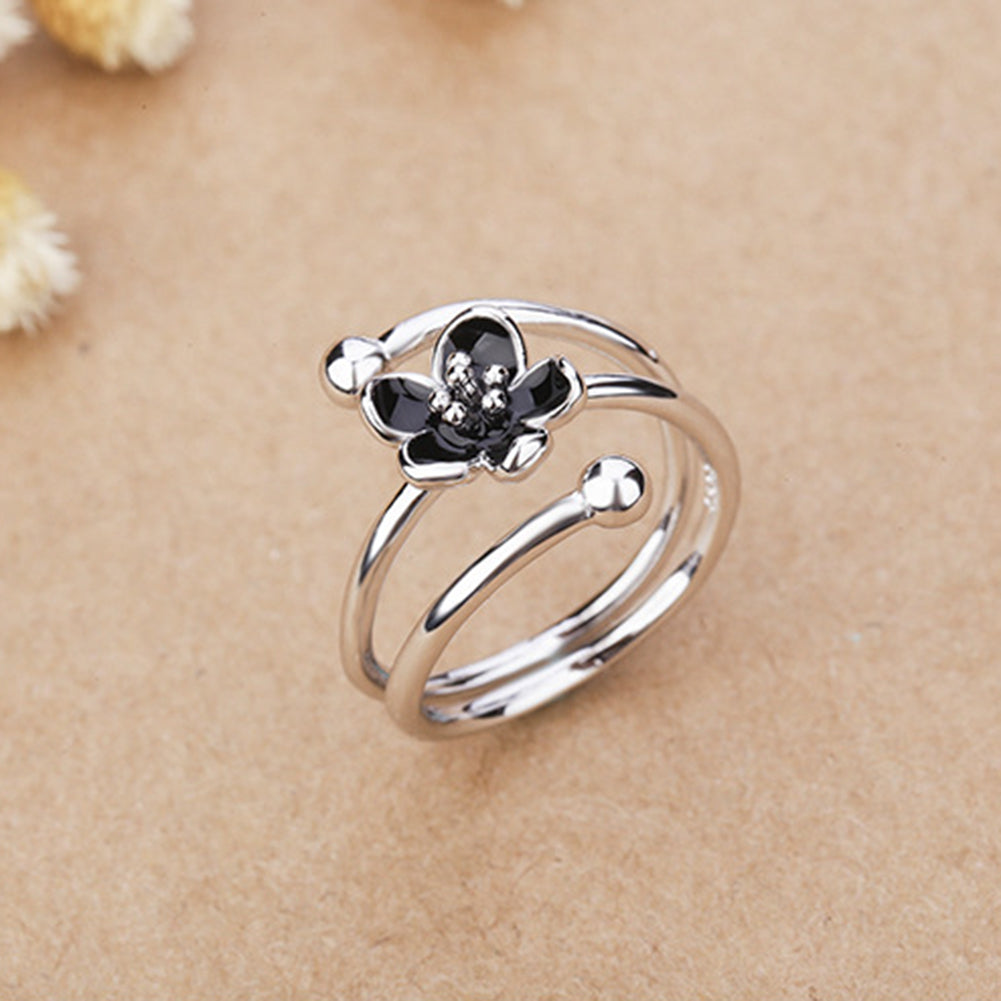 Fashion Women Enamel Black Flower Adjustable Opening Finger Ring Jewelry Gift
