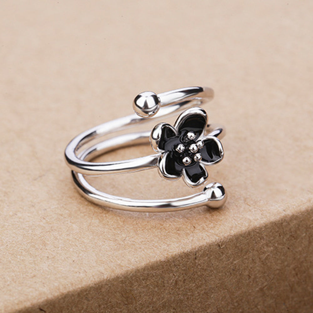 Fashion Women Enamel Black Flower Adjustable Opening Finger Ring Jewelry Gift