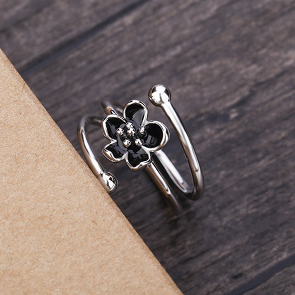 Fashion Women Enamel Black Flower Adjustable Opening Finger Ring Jewelry Gift
