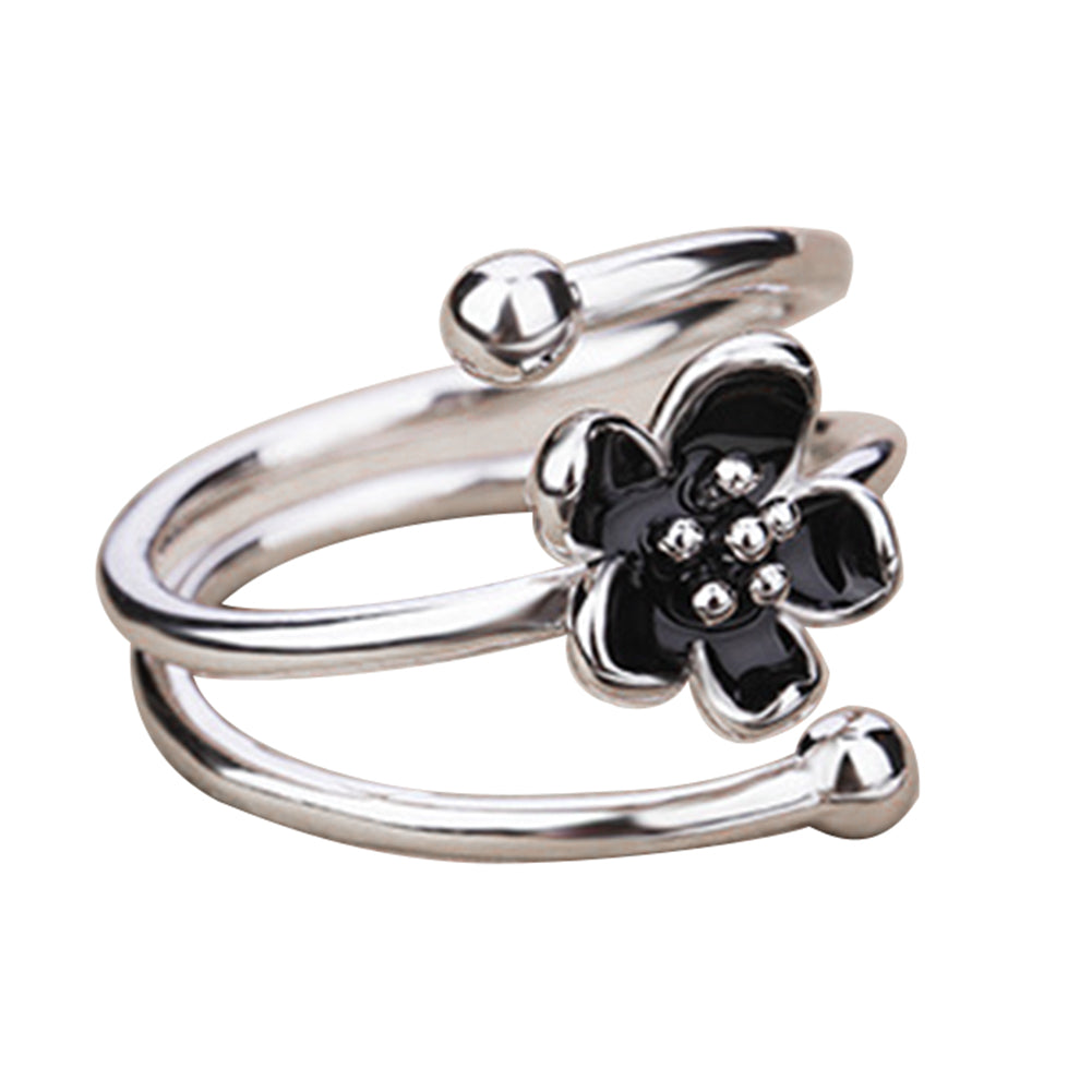 Fashion Women Enamel Black Flower Adjustable Opening Finger Ring Jewelry Gift