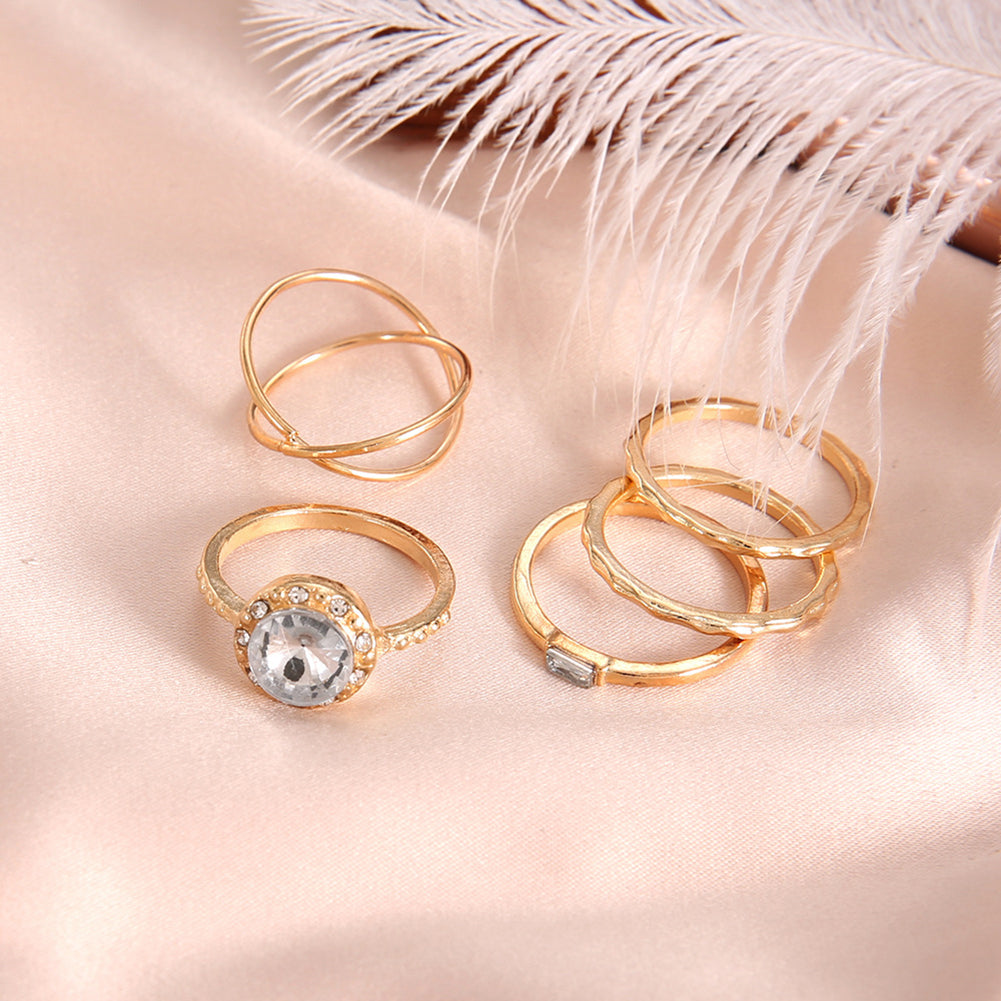 5Pcs/Set Fashion Women Cross Round Cubic Zirconia Finger Ring Party Jewelry