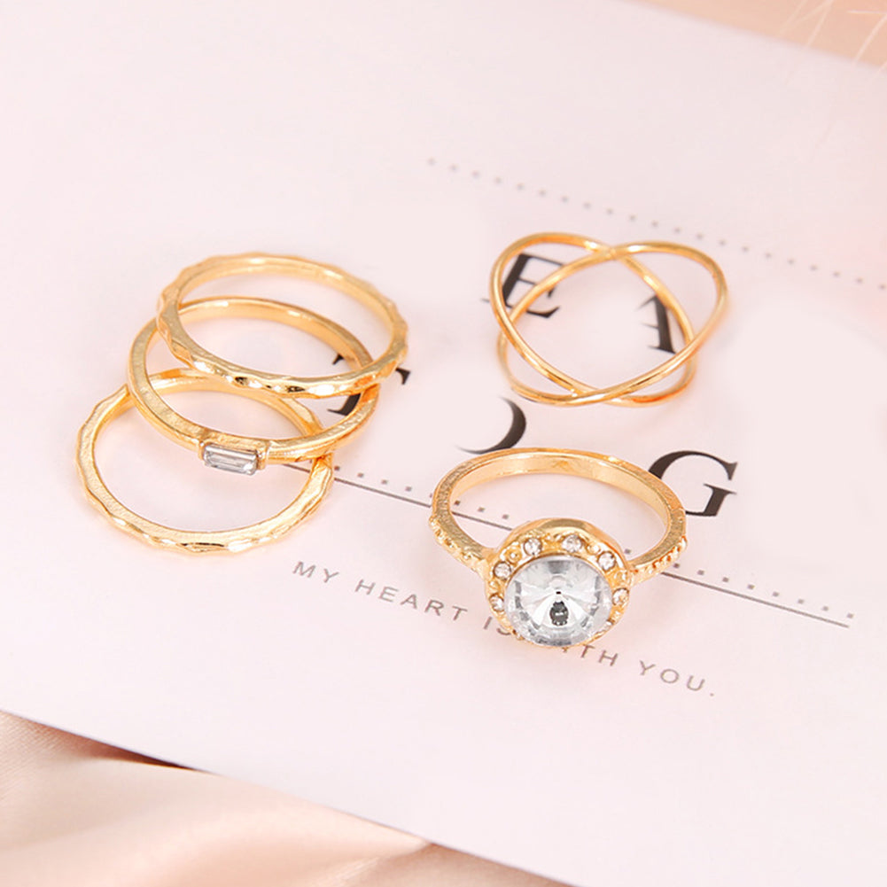 5Pcs/Set Fashion Women Cross Round Cubic Zirconia Finger Ring Party Jewelry