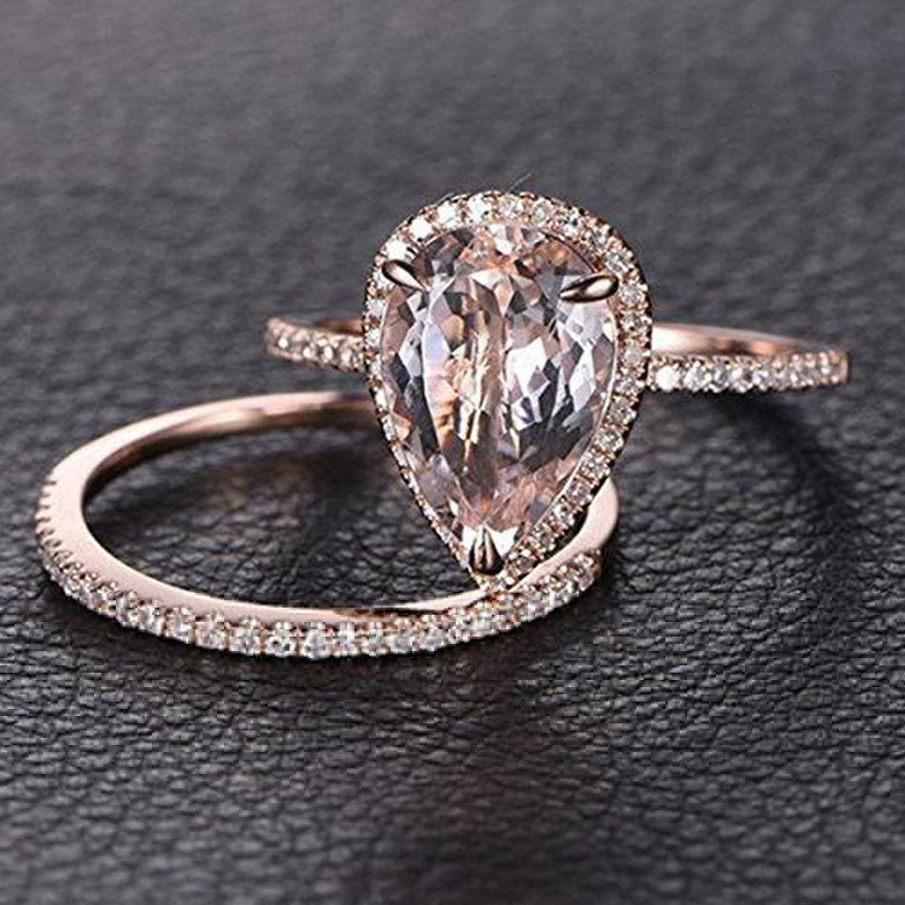 2Pcs/Set Women Waterdrop Shape Rhinestone Finger Ring Wedding Party Jewelry