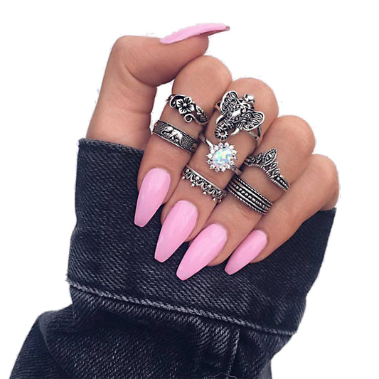 7Pcs/Set Bohemian Elephant Flower Faux Gemstone Finger Knuckle Rings Jewelry