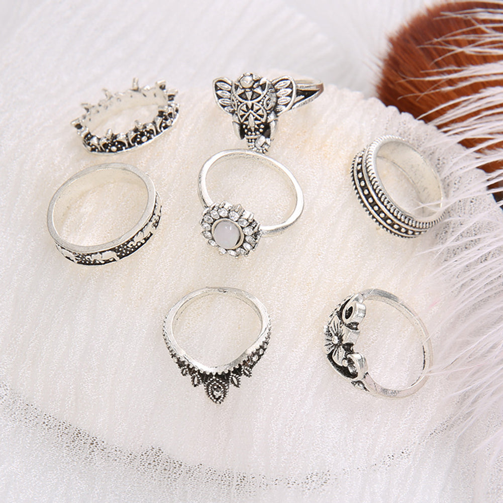 7Pcs/Set Bohemian Elephant Flower Faux Gemstone Finger Knuckle Rings Jewelry