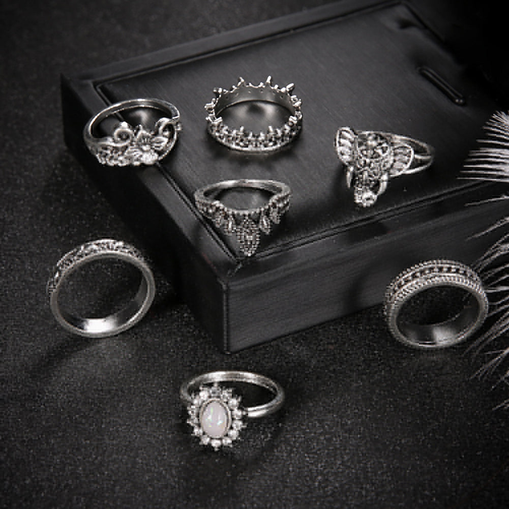7Pcs/Set Bohemian Elephant Flower Faux Gemstone Finger Knuckle Rings Jewelry